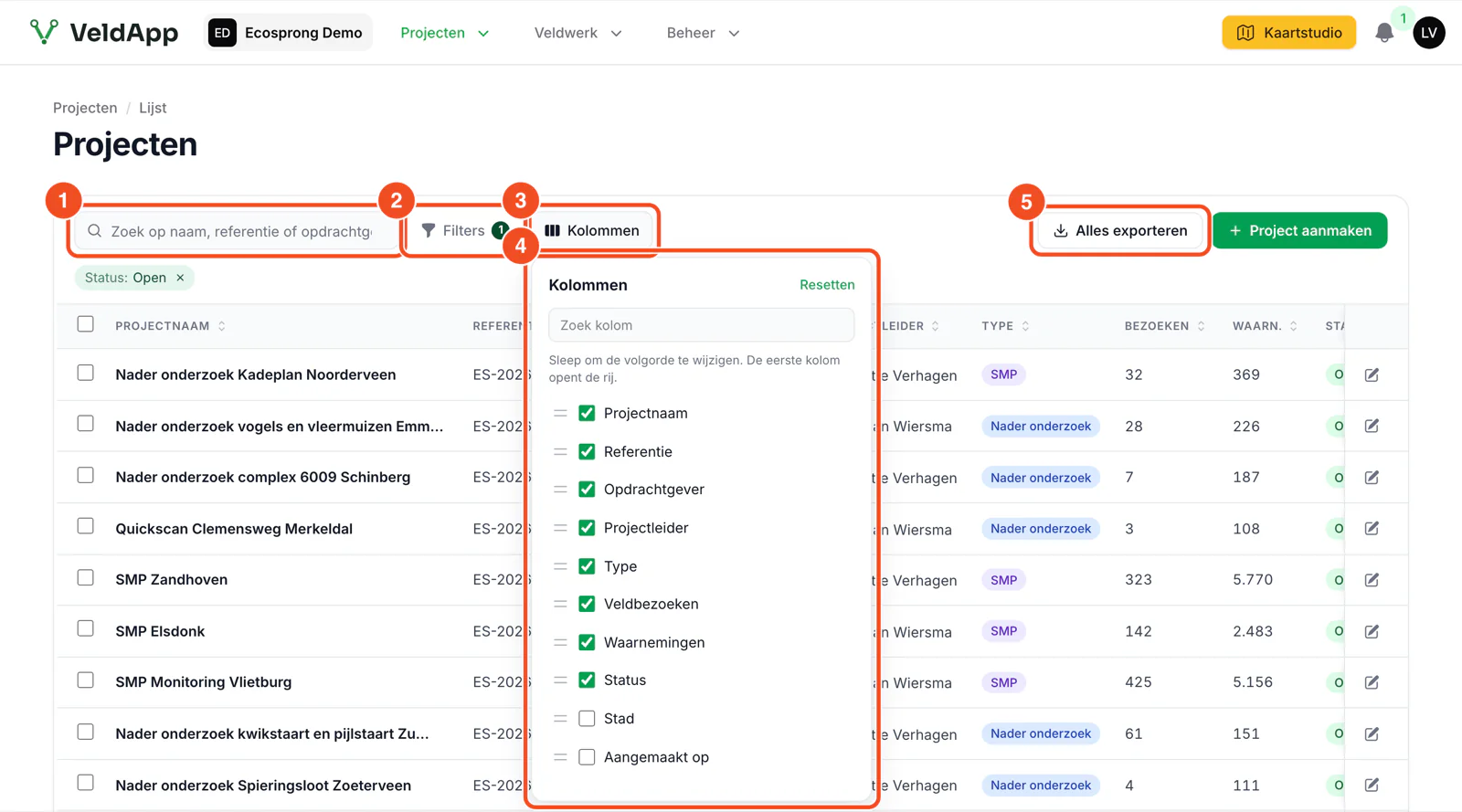 De projectenlijst met de zoekbalk, de knoppen Filters en Kolommen, het geopende kolommenpaneel en de knop Alles exporteren