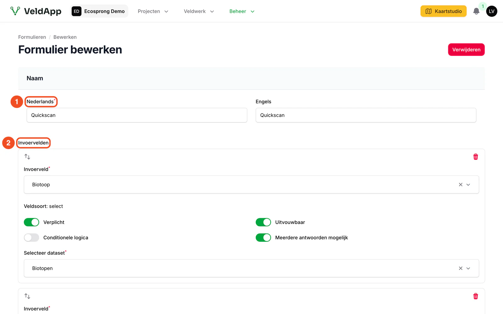 De formuliereditor met het formulier Quickscan: de naam en het eerste invoerveld Biotoop, verplicht en met meerdere antwoorden