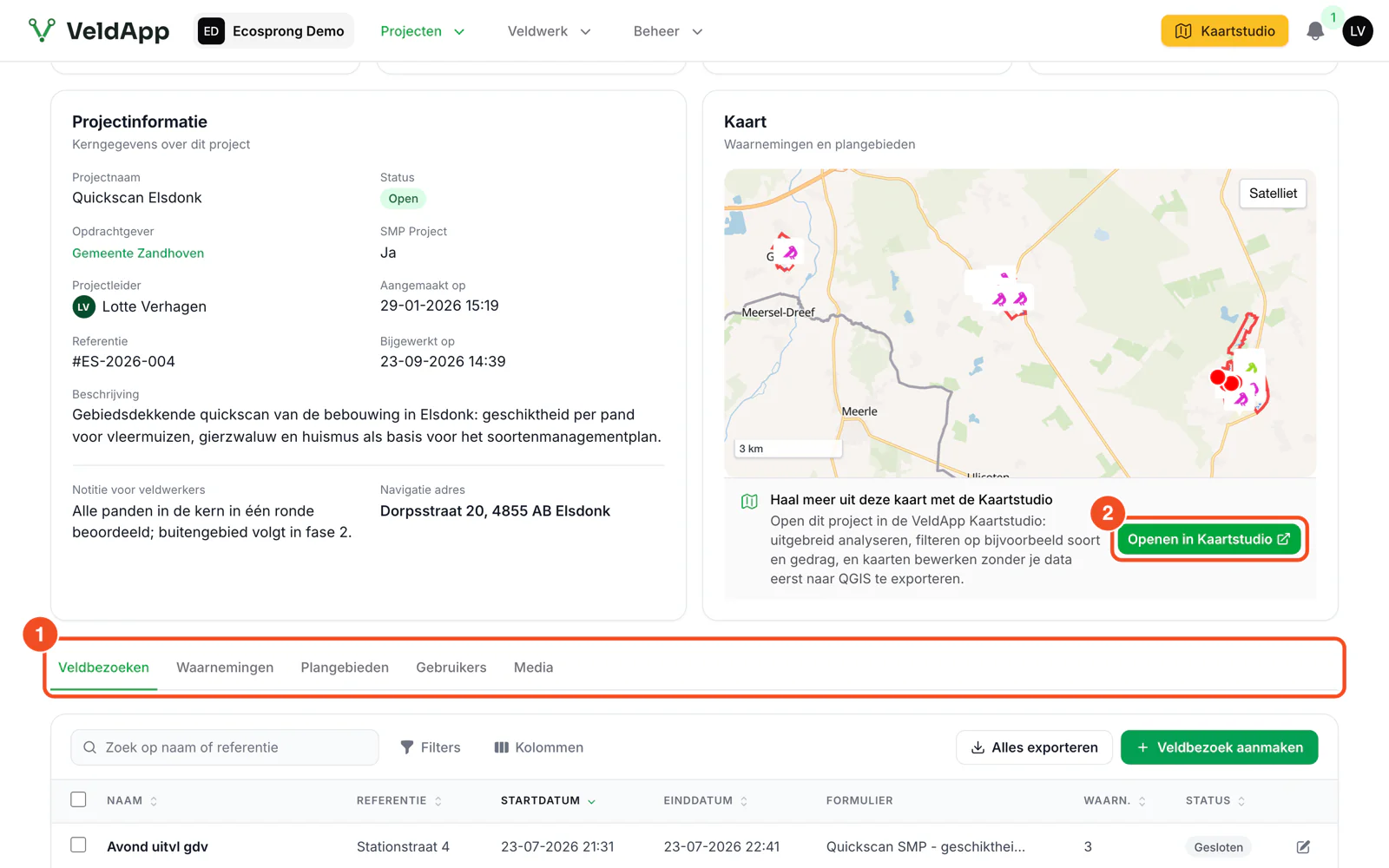 De projectpagina van een quickscan met de tabbladen en de knop Openen in Kaartstudio