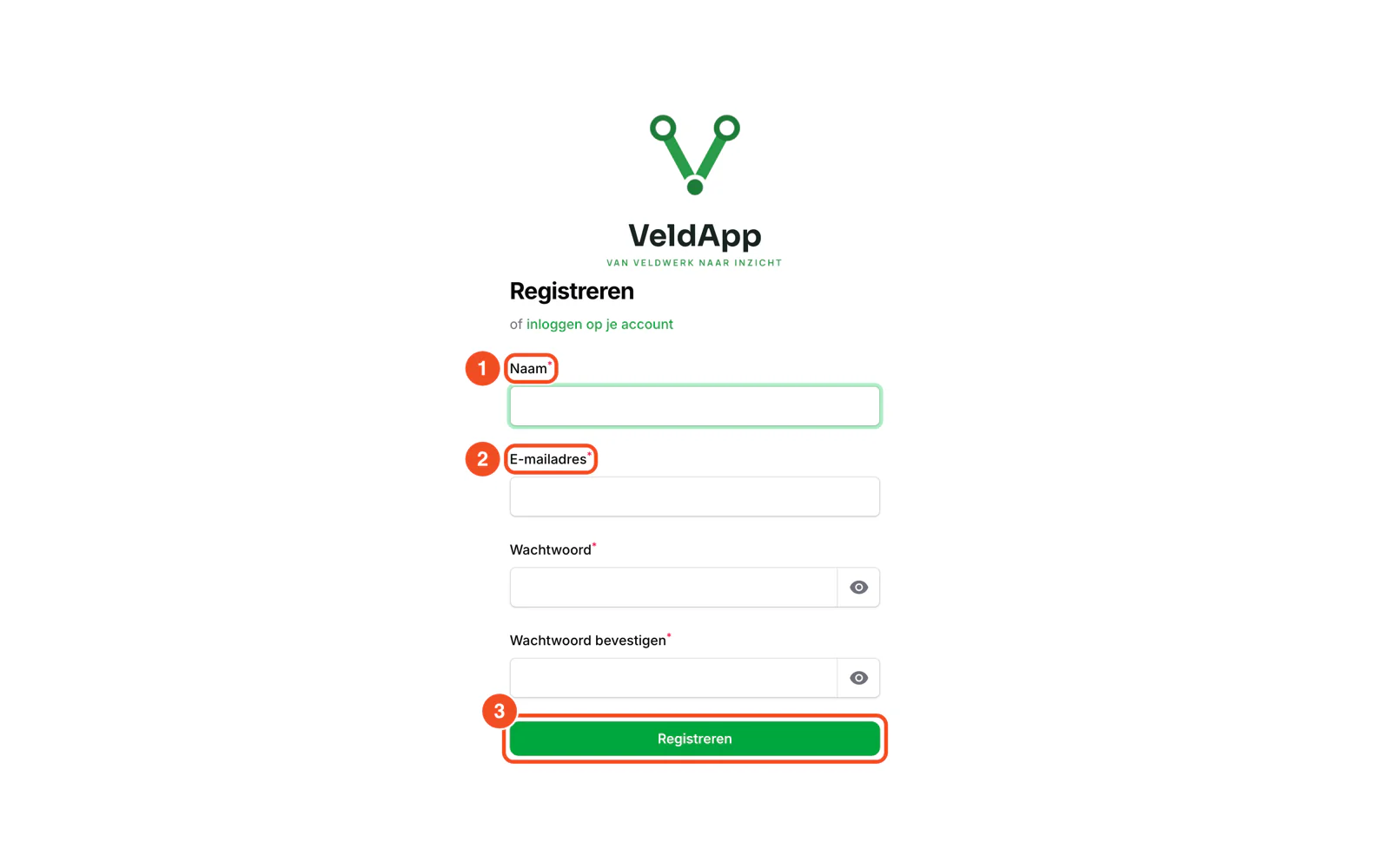 Het registratieformulier met naam, e-mailadres, wachtwoord en de knop Registreren