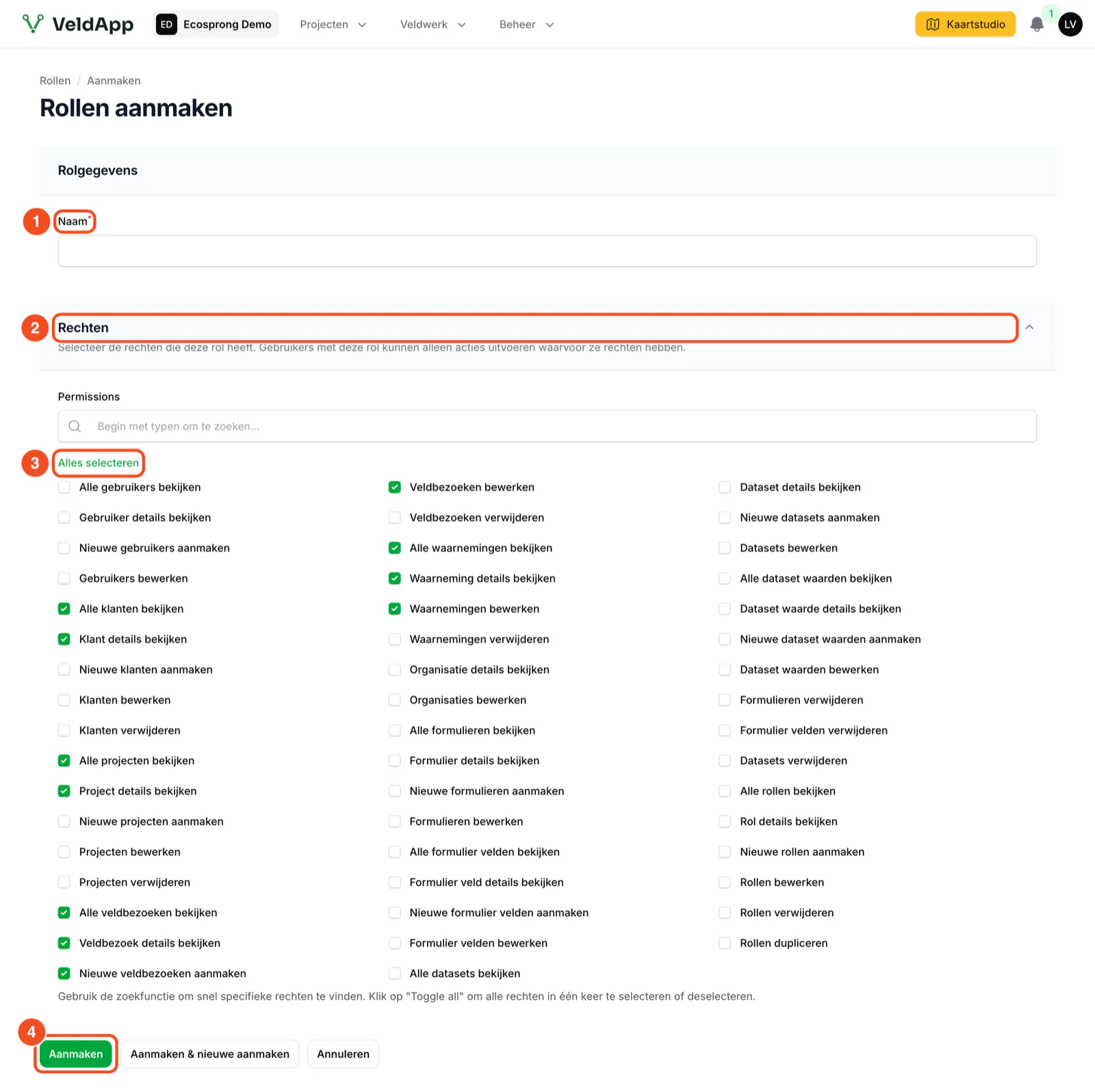 Het formulier Rollen aanmaken met de naam, het blok Rechten met de knoppen Alles selecteren en Alles deselecteren, de rechten per onderdeel en de knop Aanmaken