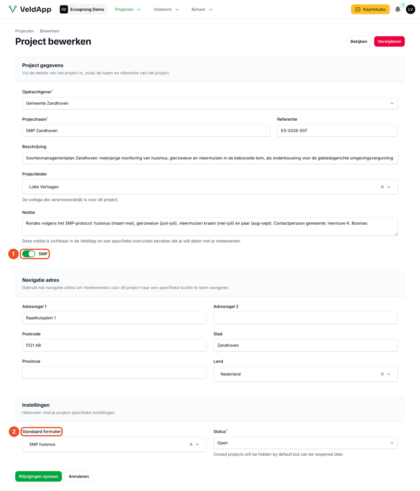 Het projectformulier met de schakelaar SMP aan en het standaardformulier ingesteld op SMP huismus