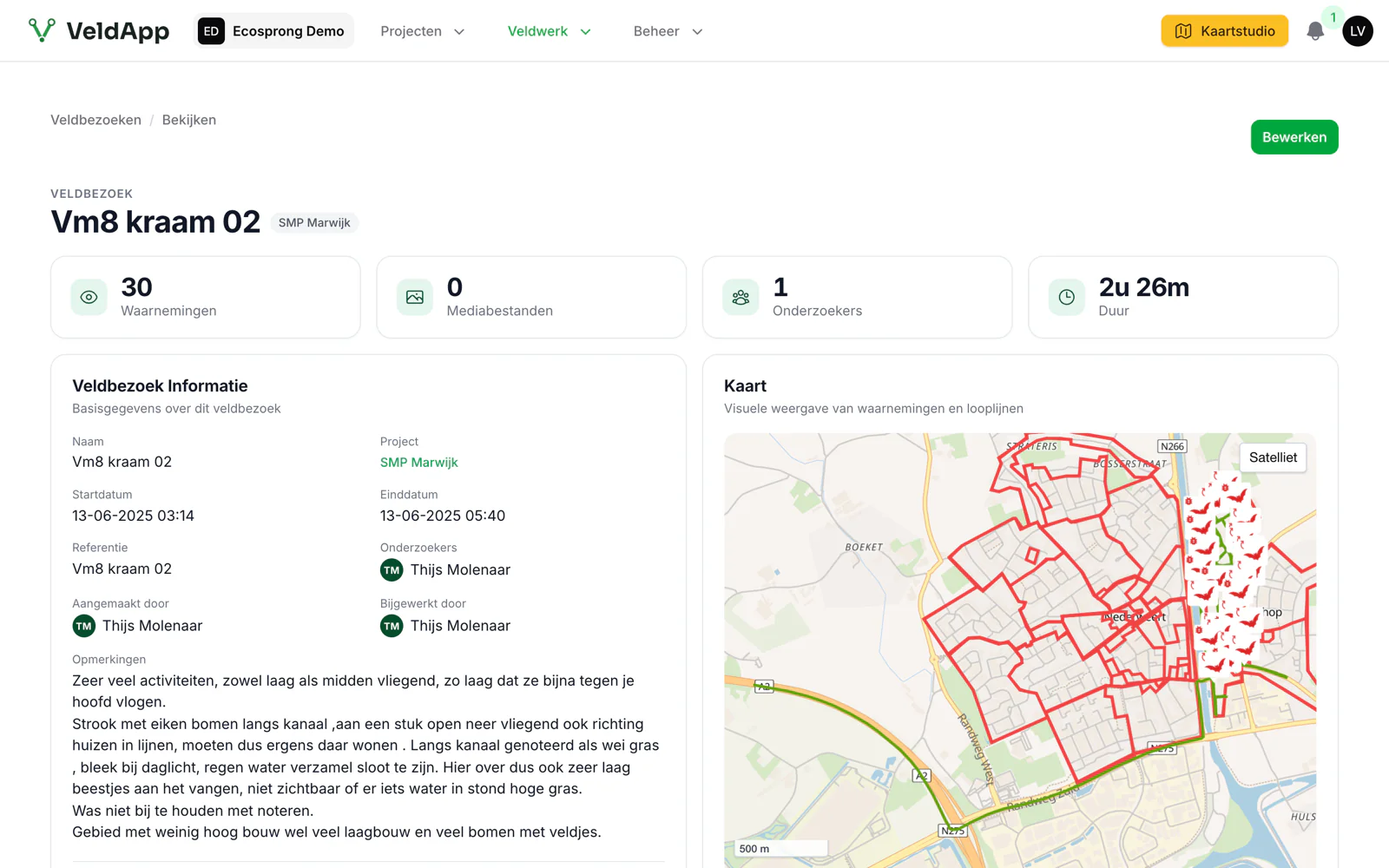De detailpagina van een veldbezoek met routetracking, met de kaart waarop de looplijn van de veldwerker staat