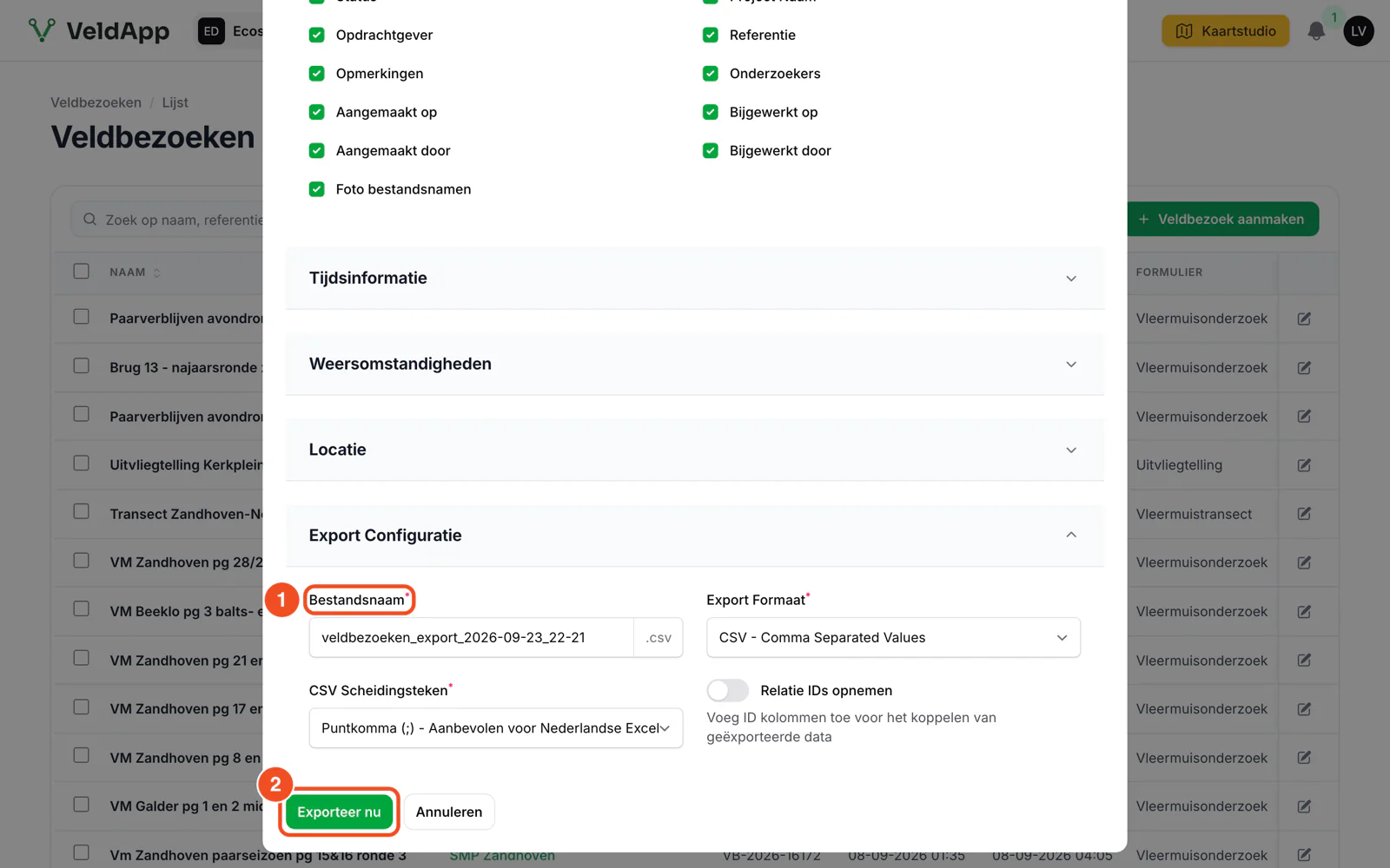 Het venster Veldbezoeken exporteren met de bestandsnaam en de knop Exporteer nu