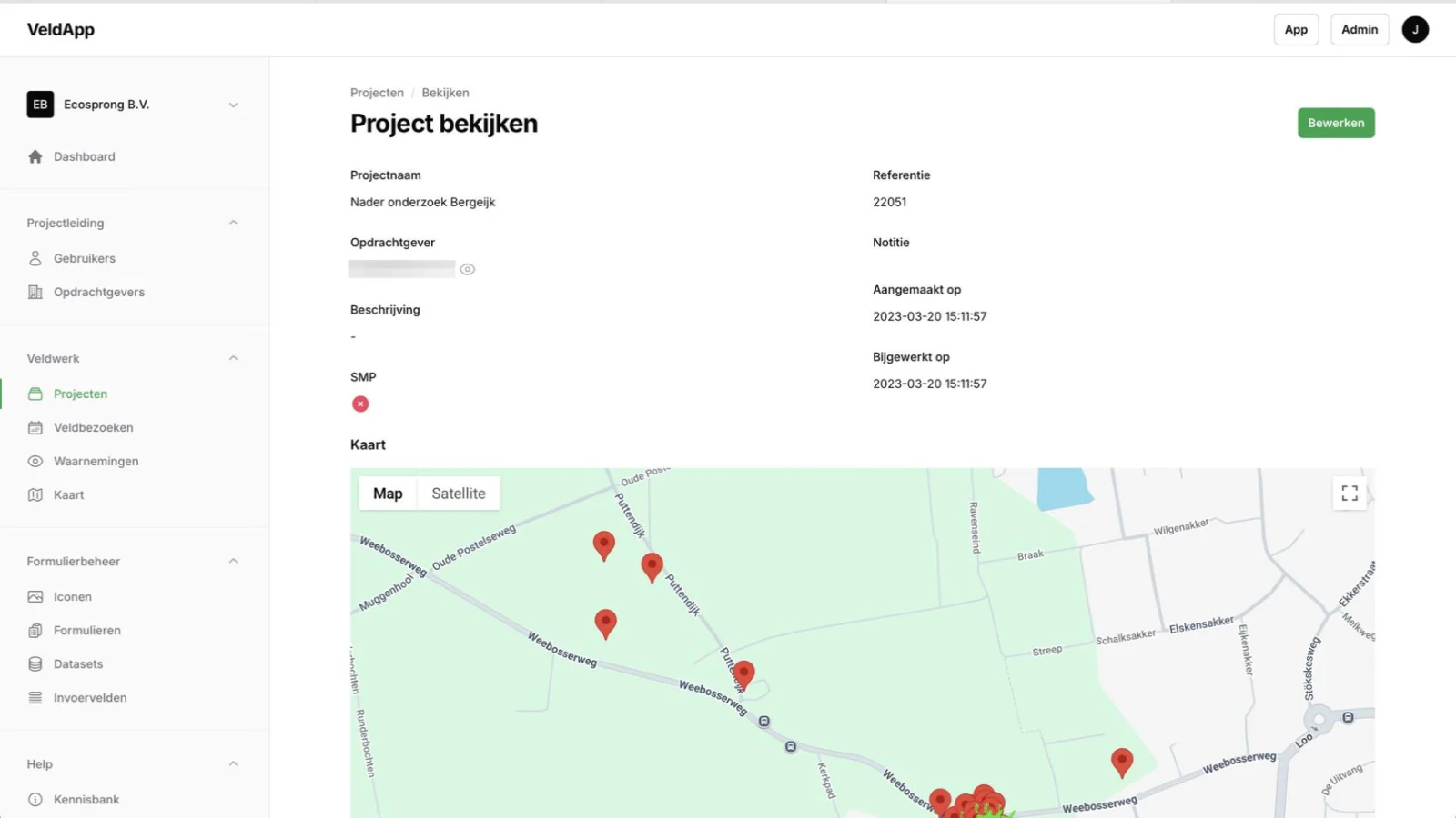 Een project geopend in de webomgeving van VeldApp