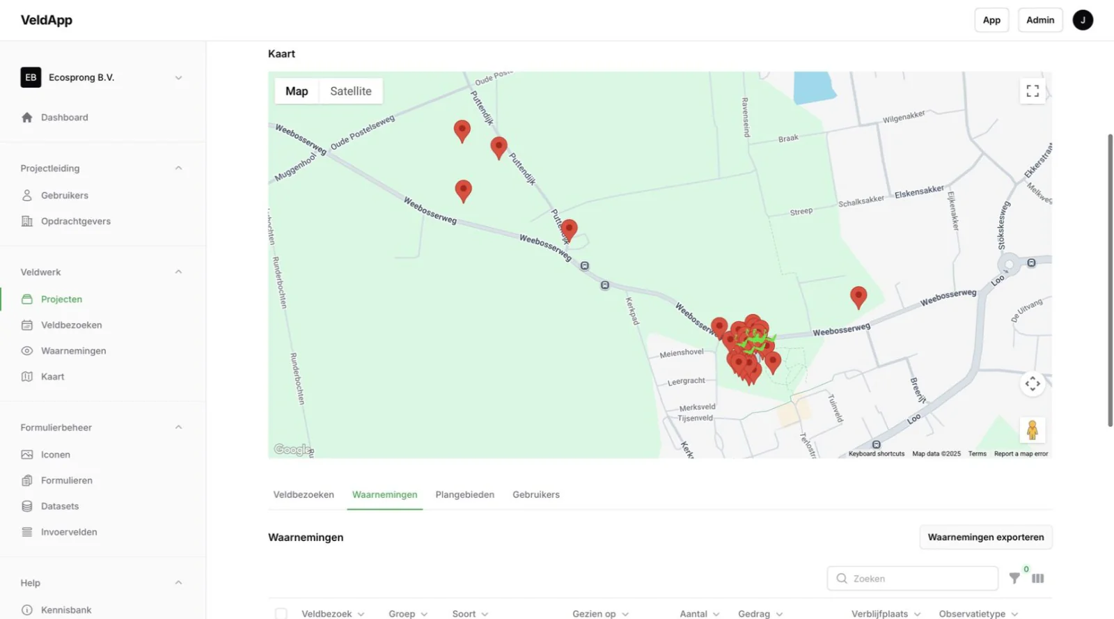 De knop Exporteren boven de lijst met waarnemingen