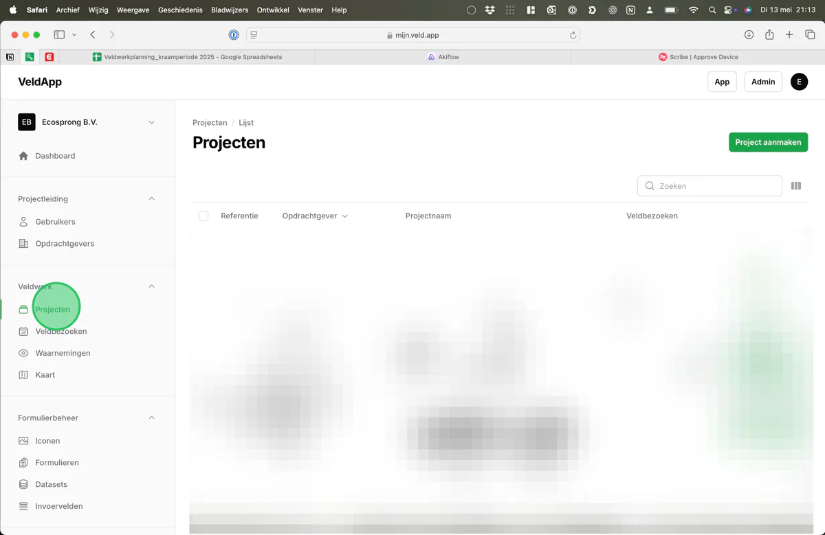 Het projectenoverzicht in de webomgeving van VeldApp