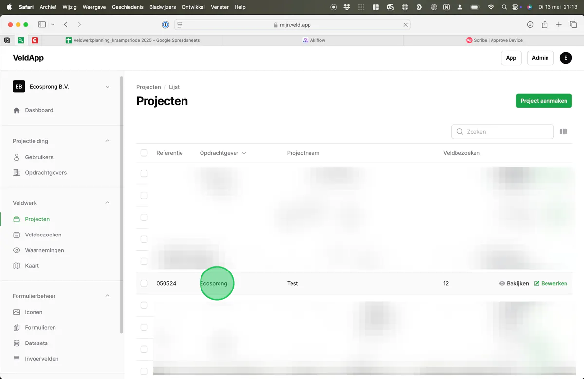 Een project geselecteerd in de lijst met projecten