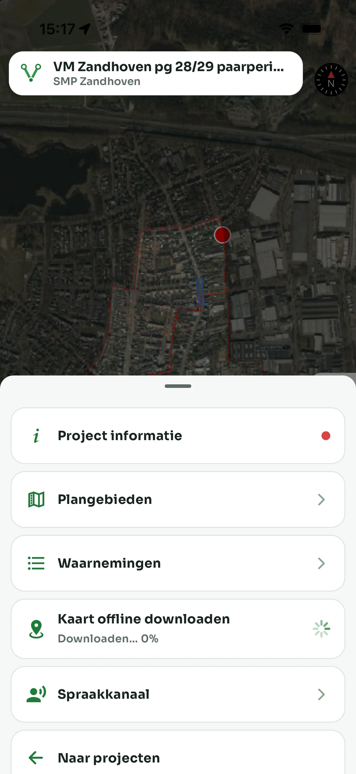 Het menu Meer in de app: projectinformatie, plangebieden, waarnemingen, Kaart offline downloaden met de voortgang erbij, en het spraakkanaal