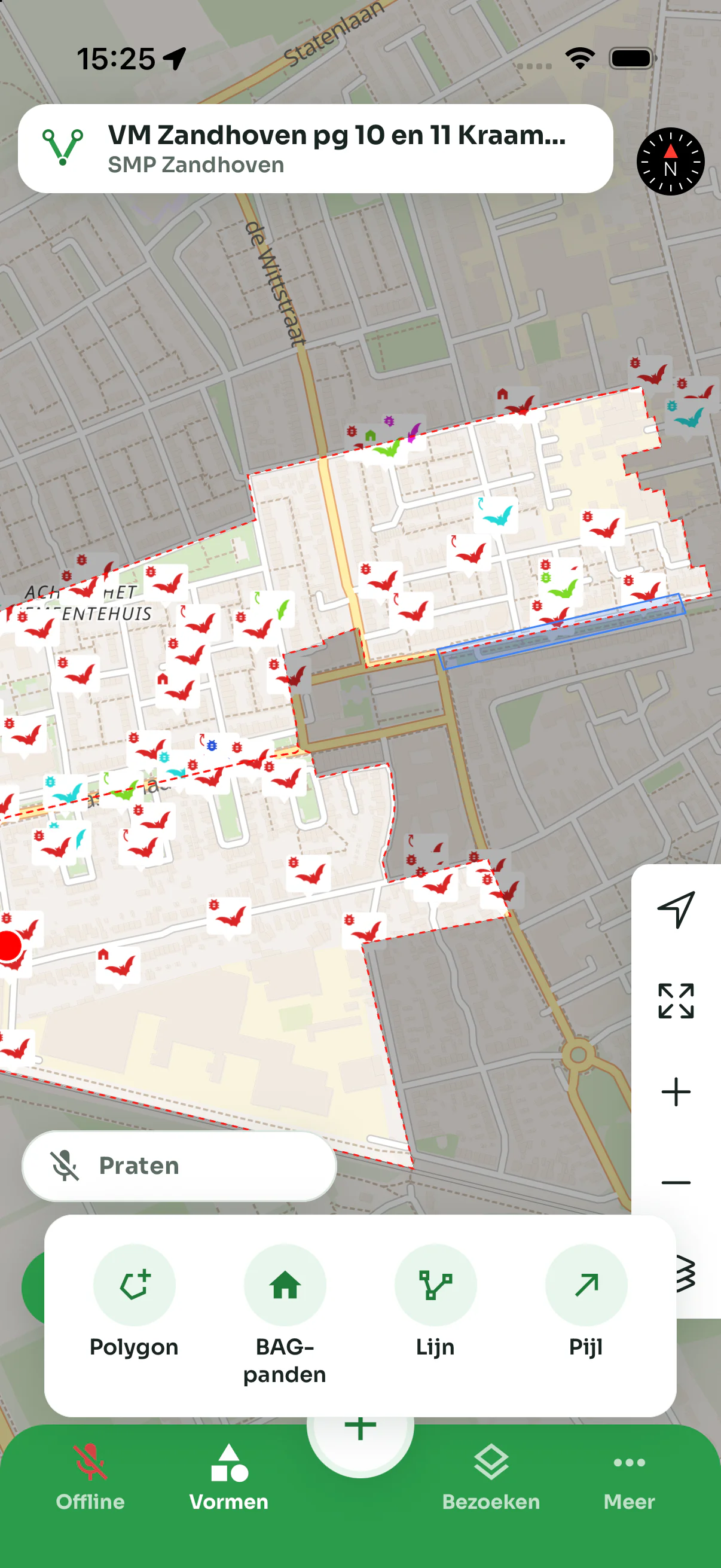 Het vormenmenu onderin de kaart: polygoon, BAG-panden, lijn en pijl, boven het plangebied met waarnemingen