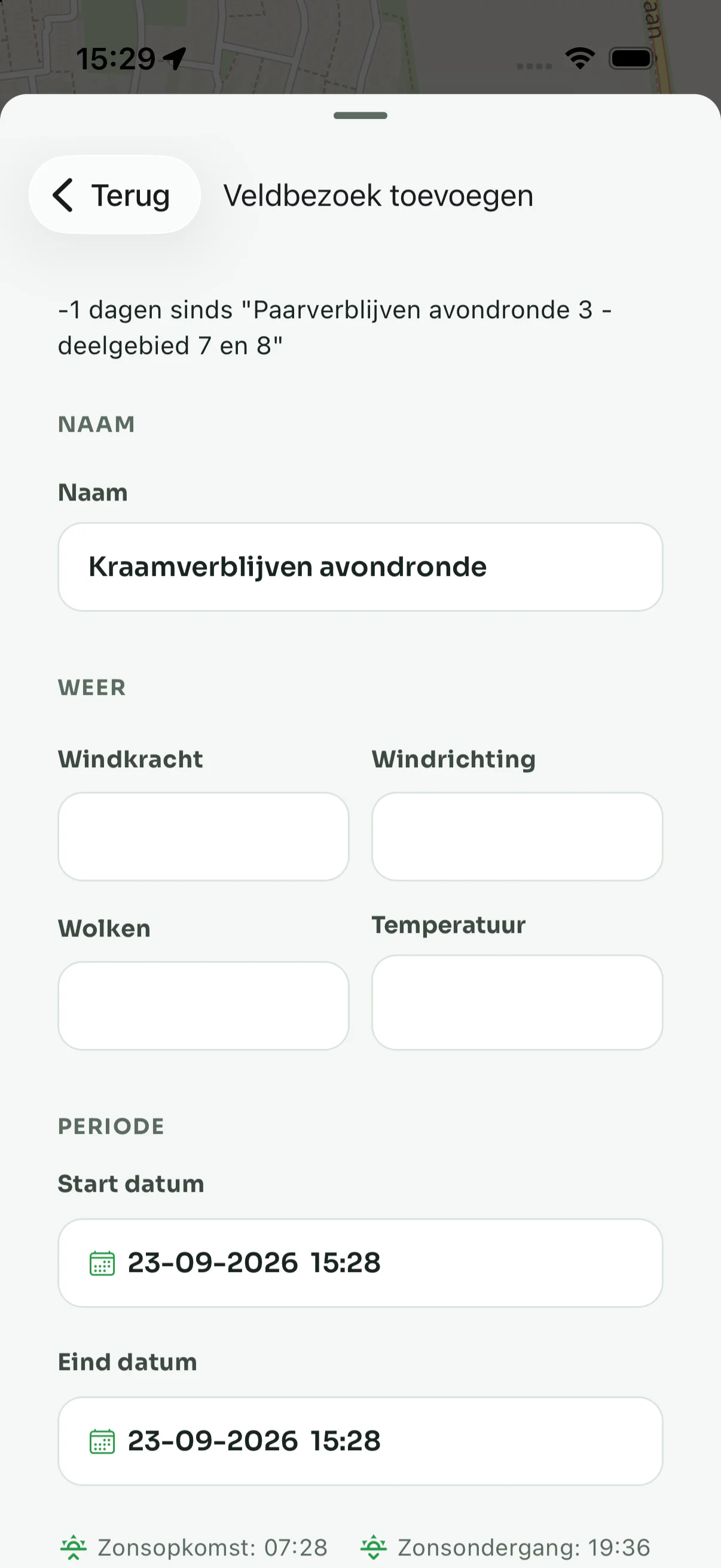 Het formulier Veldbezoek toevoegen in de app, met de weervelden en onderaan de zonsopkomst en zonsondergang van vandaag