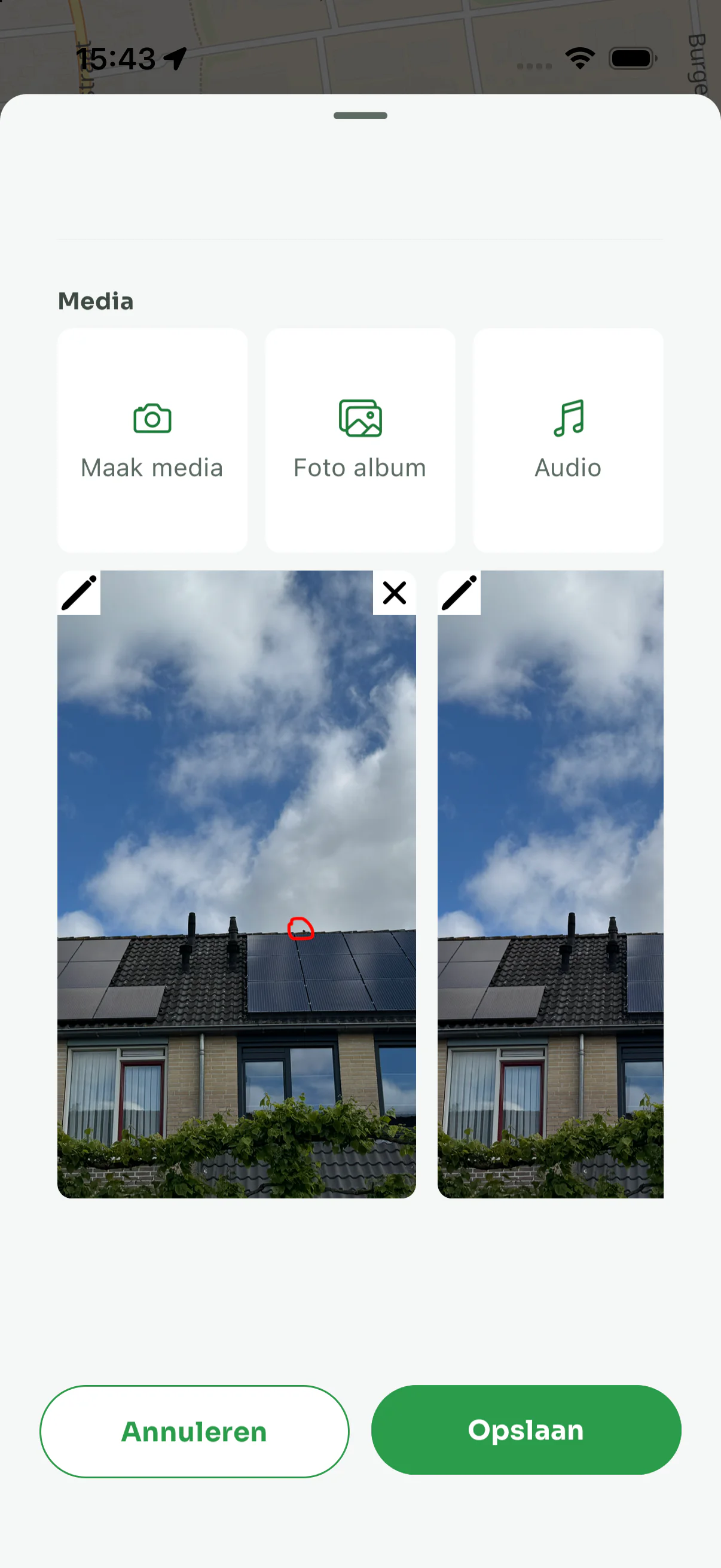 Het mediablok van een waarneming in de app: knoppen voor camera, fotoalbum en audio, en twee foto’s van een dakrand die je kunt bewerken of verwijderen