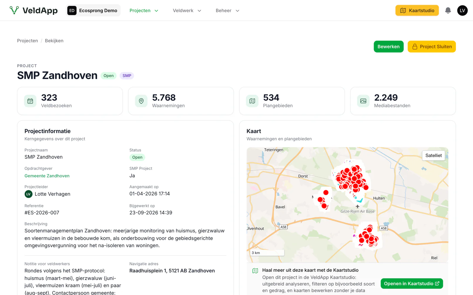 De projectpagina van SMP Zandhoven in de webomgeving: 323 veldbezoeken, 5.768 waarnemingen, 534 plangebieden en 2.249 mediabestanden, met de kaart van de hele gemeente