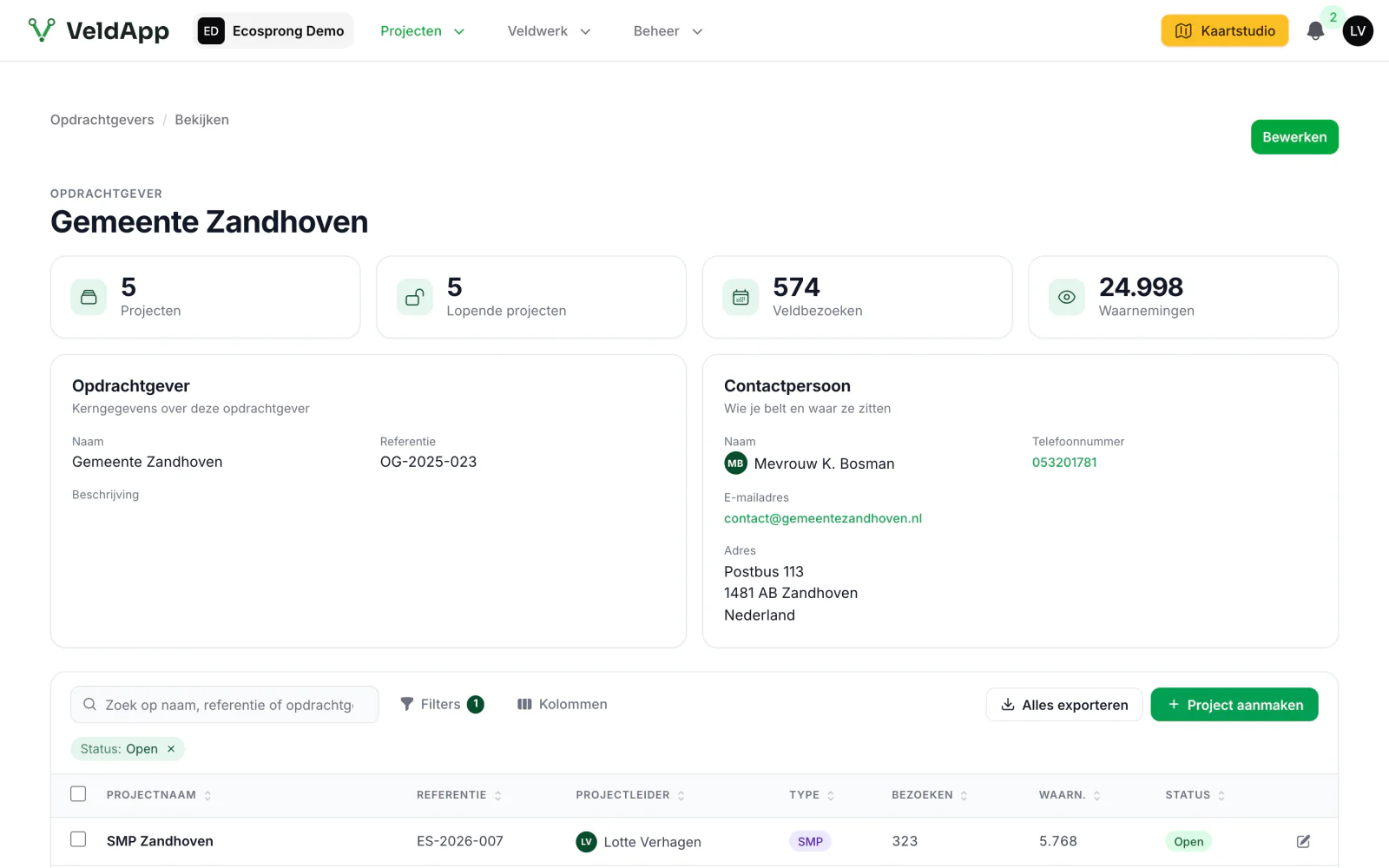 De opdrachtgeverpagina van een gemeente in de webomgeving: vijf projecten, 574 veldbezoeken en 24.998 waarnemingen, de contactpersoon en het adres, en de lijst met projecten