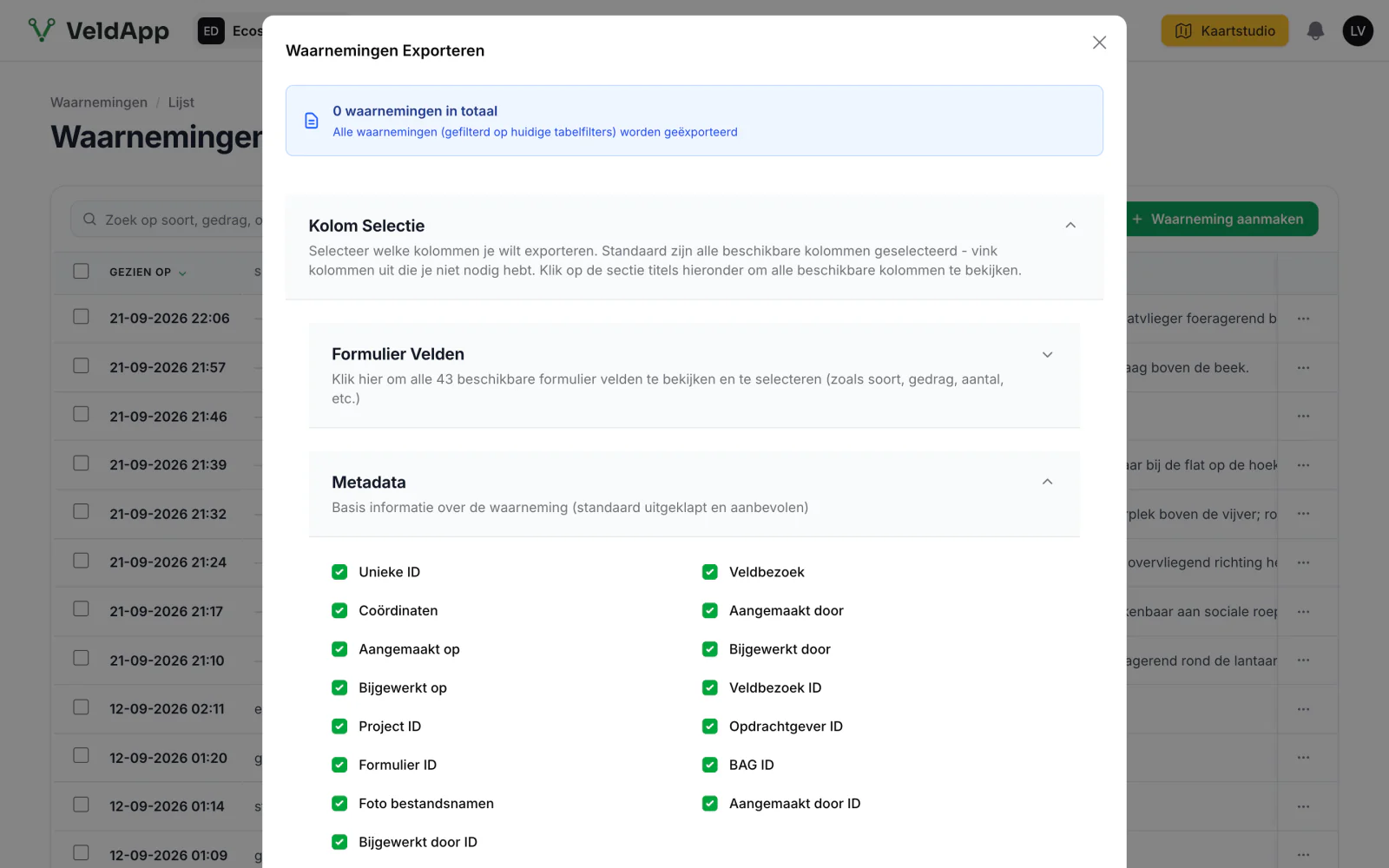 Het exportvenster in de webomgeving: de kolomselectie met formuliervelden en metadata, elk aan te vinken