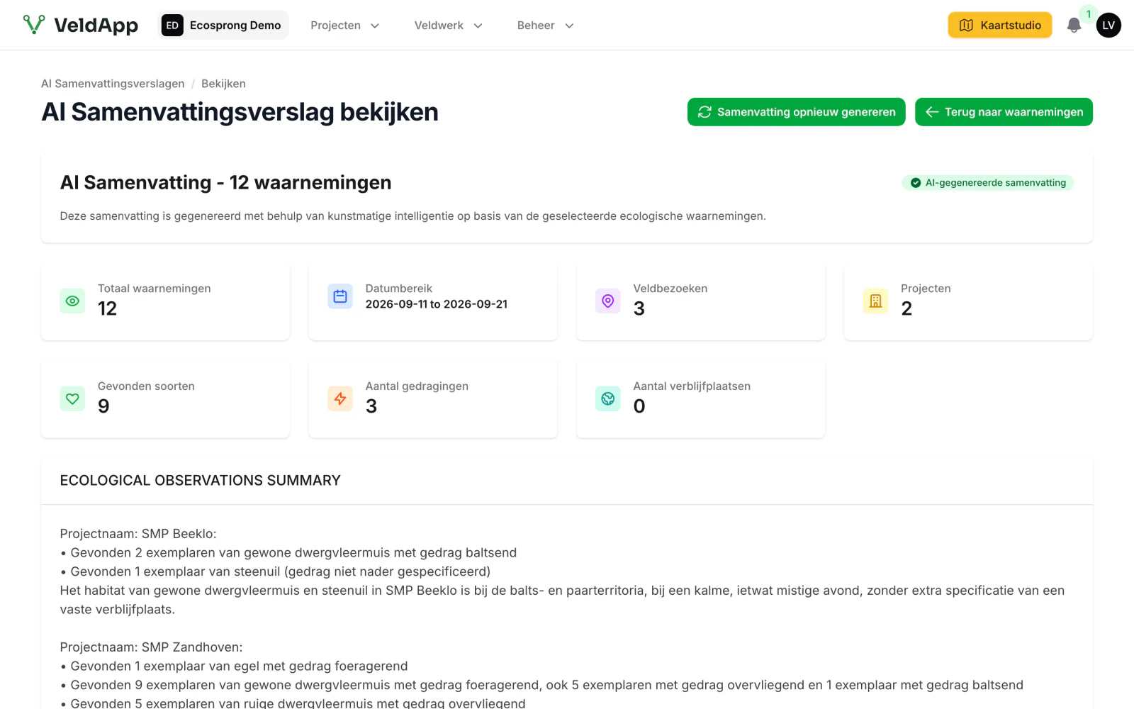 Een AI-samenvattingsverslag in de webomgeving: twaalf waarnemingen, drie veldbezoeken en negen soorten, met de gegenereerde tekst per project eronder