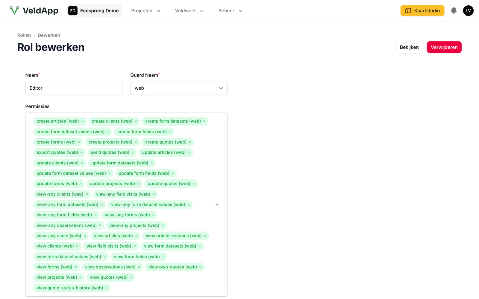 De pagina Rol bewerken in de webomgeving: de rol Editor met per onderdeel de rechten om te bekijken, aan te maken en te bewerken
