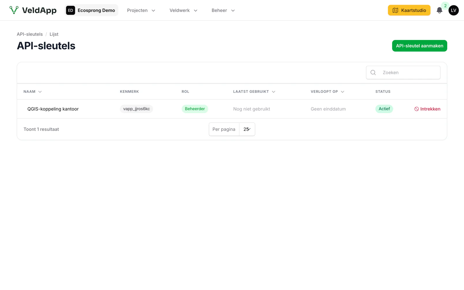 De pagina API-sleutels in de webomgeving met een sleutel voor een QGIS-koppeling: kenmerk, rol, laatst gebruikt, vervaldatum en status