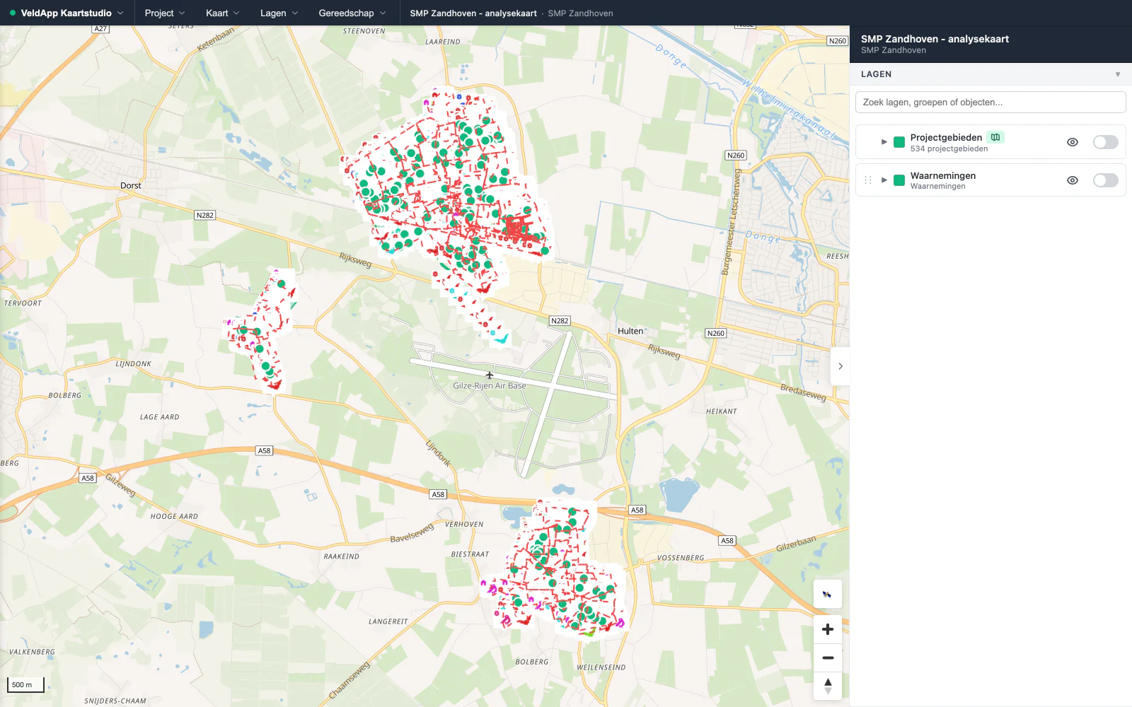 Kaartstudio met het project SMP Zandhoven: 534 deelgebieden met rode rand, duizenden waarnemingen als iconen en rechts het lagenpaneel