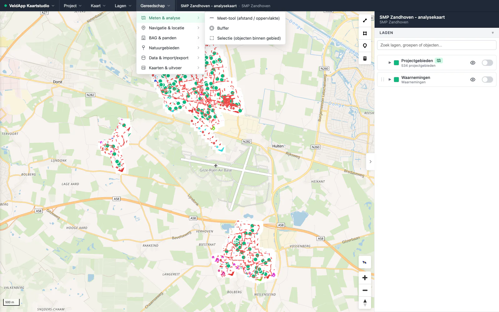 Het menu Gereedschap in Kaartstudio, opengeklapt bij Meten en analyse: meet-tool, buffer en selectie