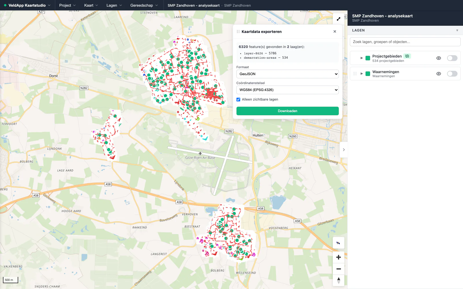 Het paneel Kaartdata exporteren: 6.320 objecten in twee lagen, het formaat GeoJSON, het coördinatenstelsel WGS84 en de keuze voor alleen zichtbare lagen